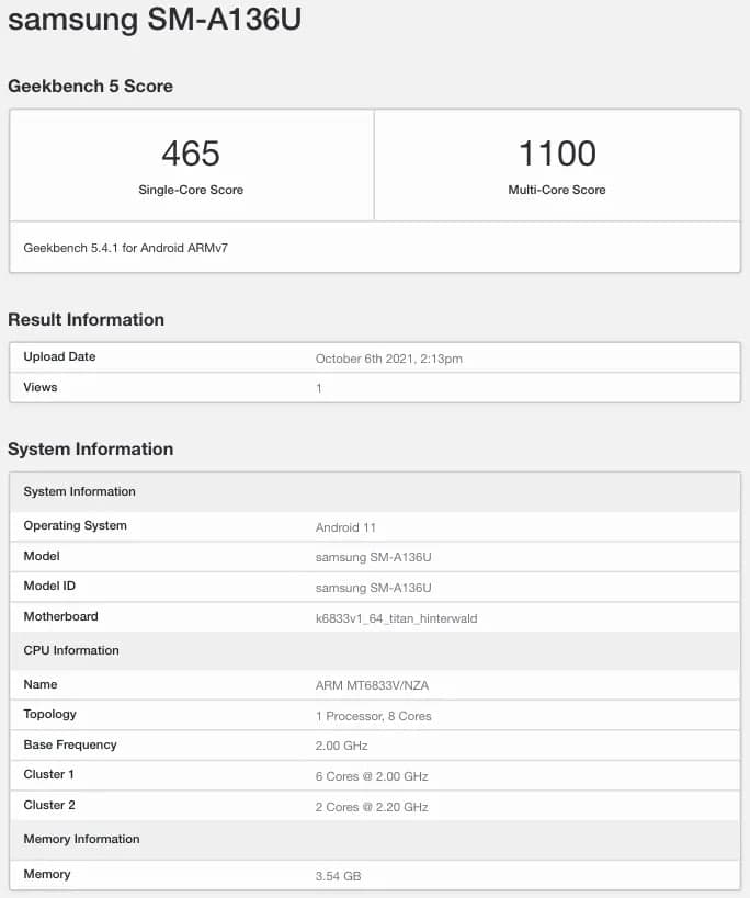 Samsung Galaxy A13 Geekbench