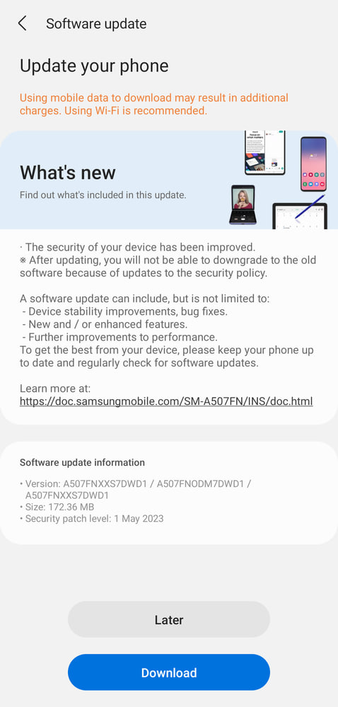 Samsung Galaxy A50s May 2023 update