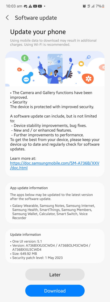 Samsung Galaxy A73 May 2023 update