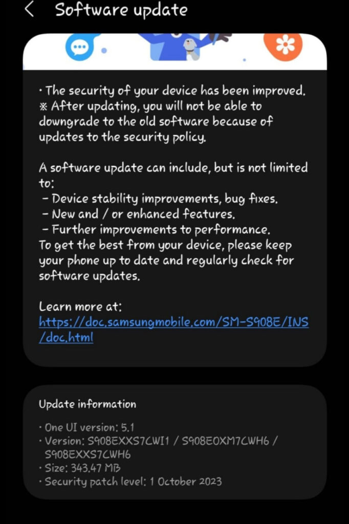 Samsung Galaxy S22 October 2023 update