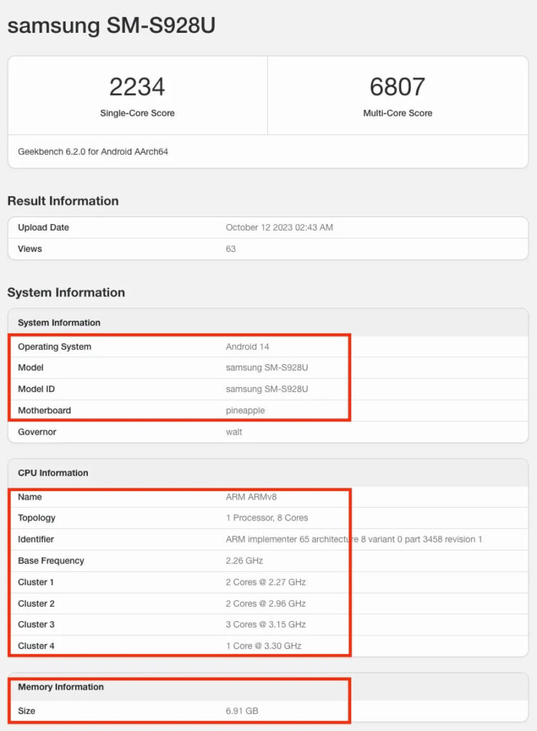 Samsung Galaxy S24 Ultra Geekebench Performance Score with Snapdragon 8 Gen 3 chipset