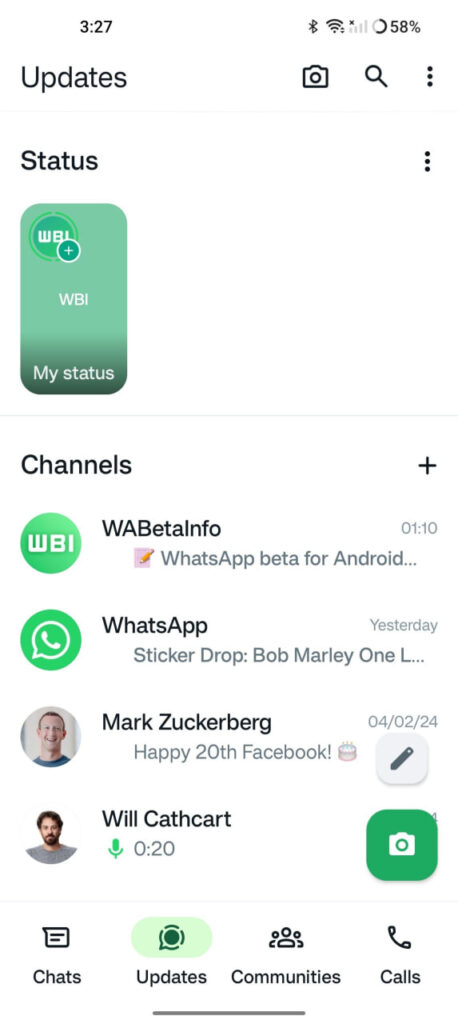 WhatsApp status updates tray redesign