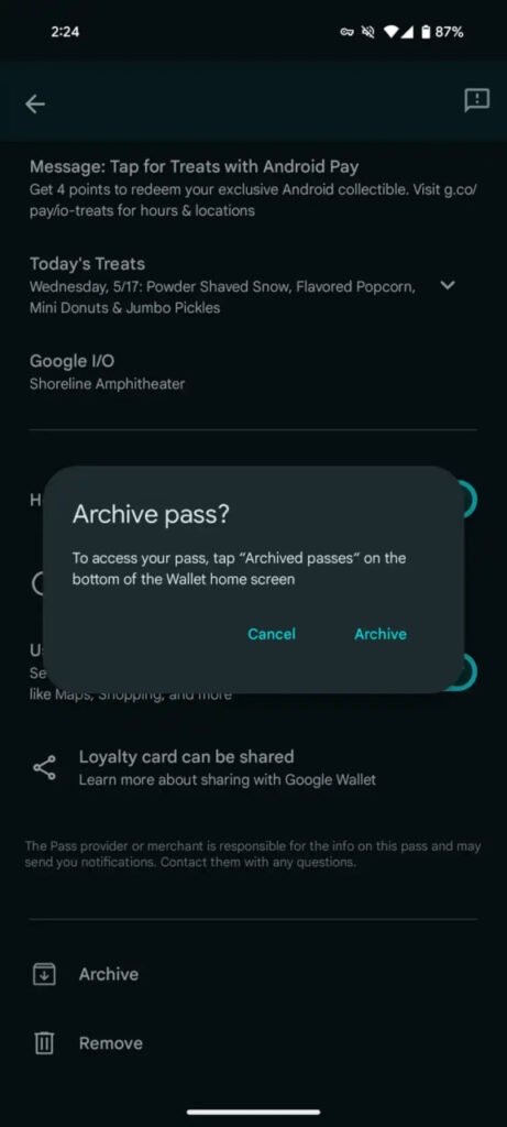 Google Wallet Archive feature