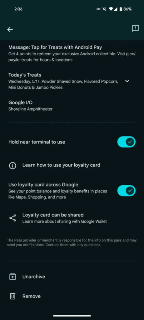 Google Wallet Archive feature