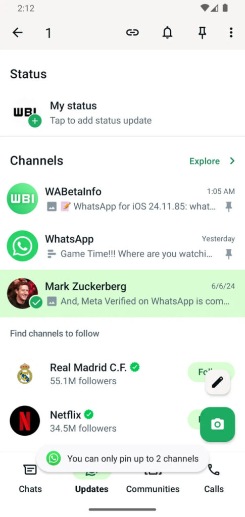 WhatsApp Pin Channel feature 