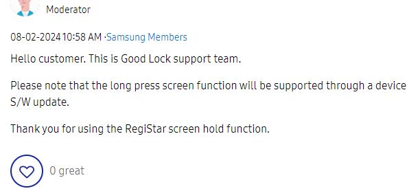 Samsung RegiStar Long press feature