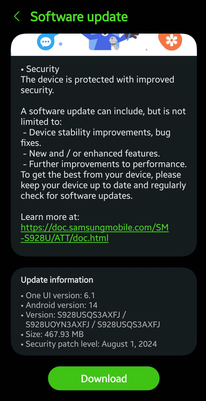 Samsung Galaxy S24 August 2024 update