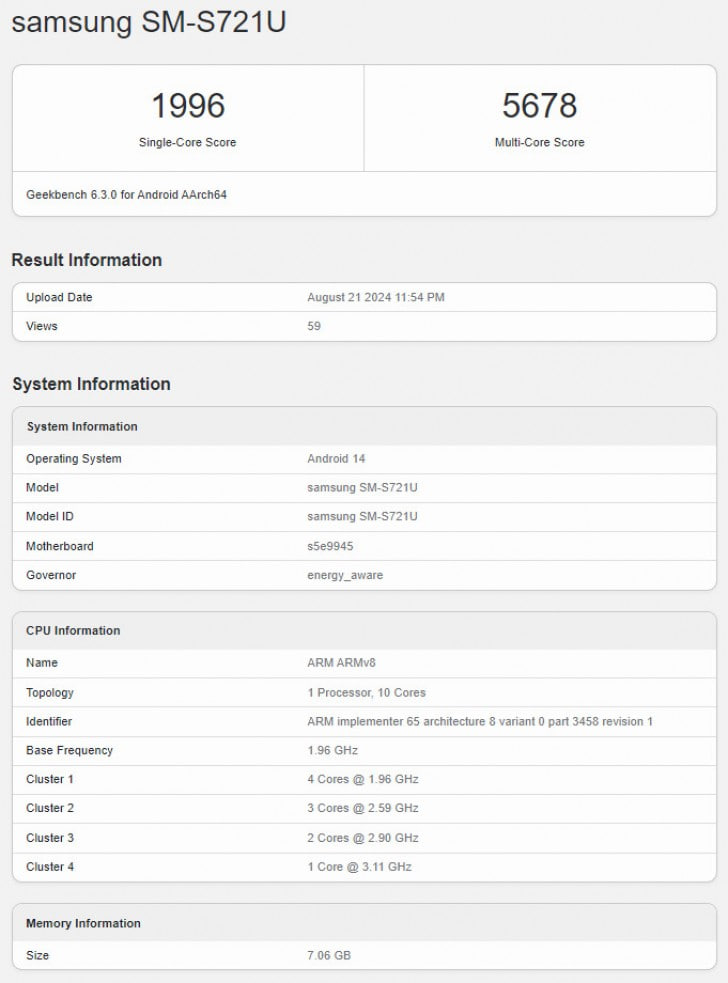 Samsung Galaxy S24 FE Geekbench