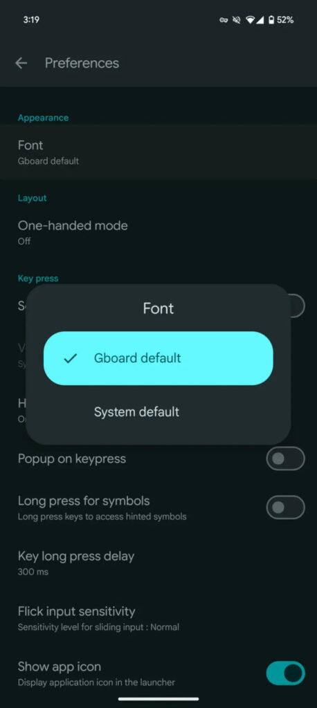 Gboard font switcher feature