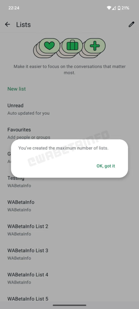 WhatsApp chat lists limit 