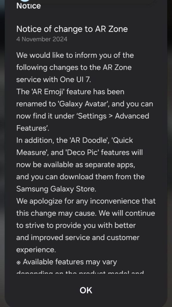 Samsung One UI 7 features Notices