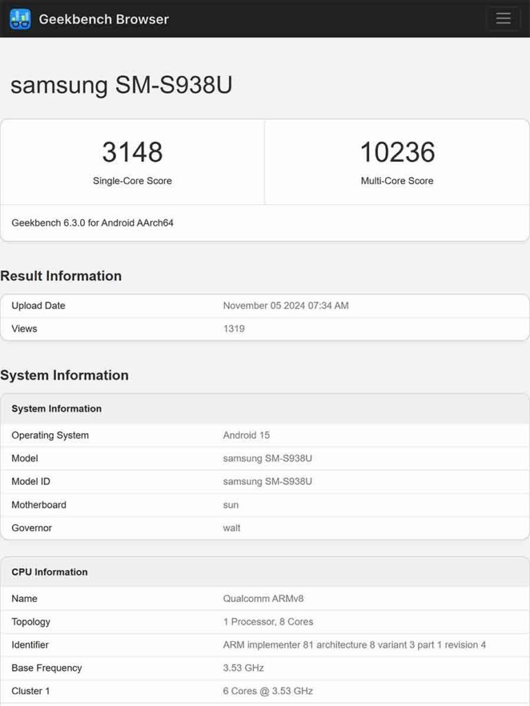 Samsung Galaxy S25 Ultra Geekbench Performance Score with Snapdragon 8 Elite chipset